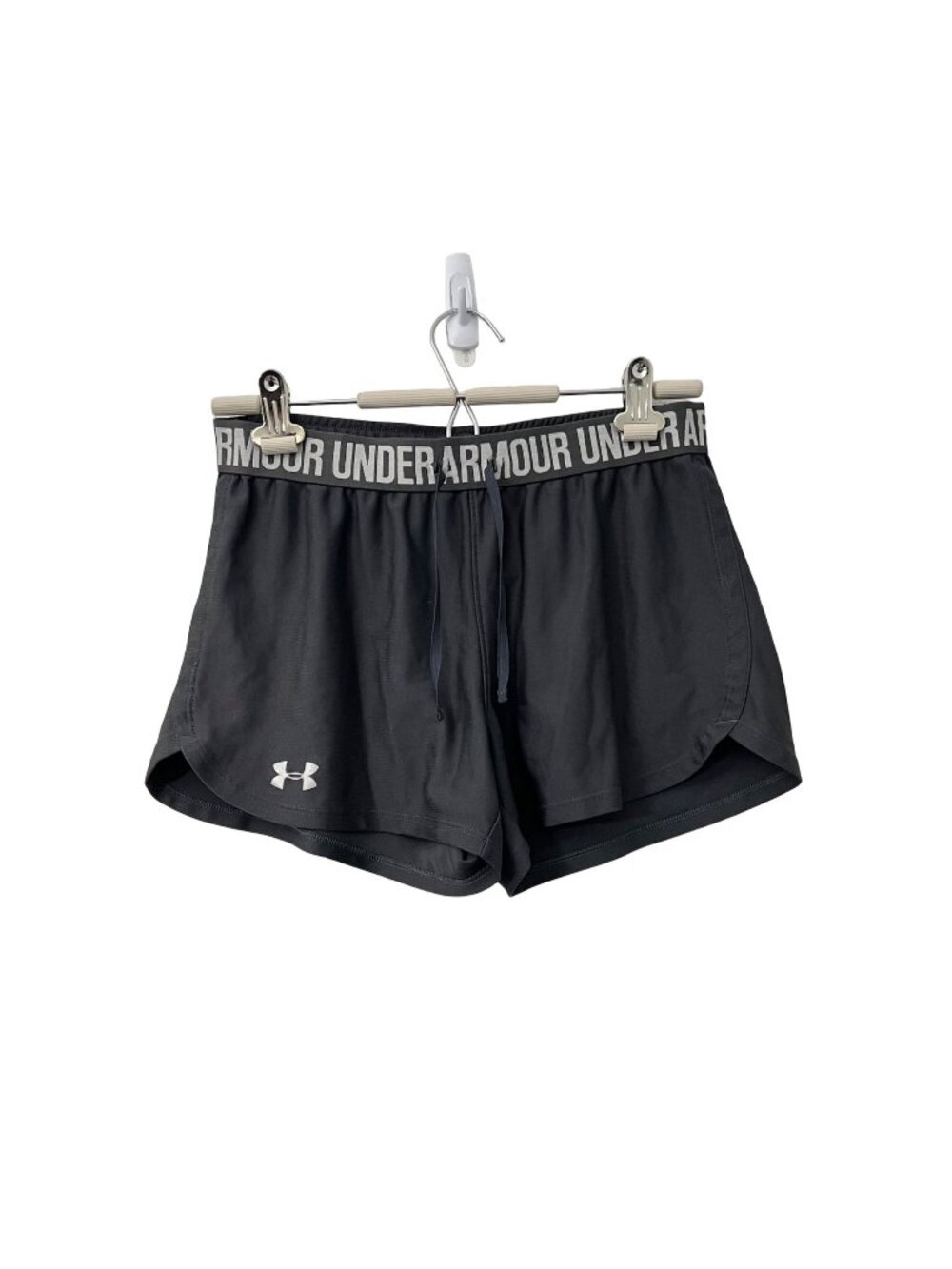 Under Armour Womens Heat Gear Gray Spellout Waist Band Athletic Shorts Size S